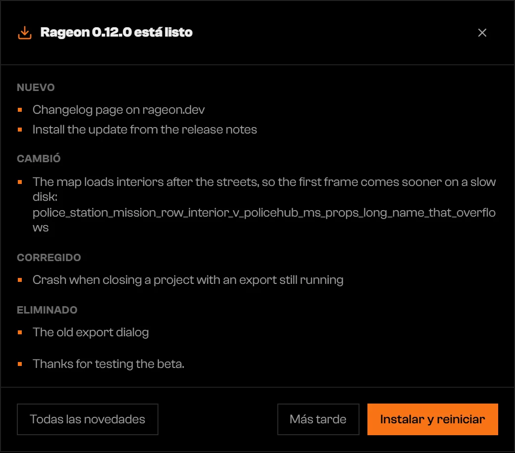 Diálogo de actualización con elementos Nuevo, Modificadas, Corregido y Eliminado y los botones Todas las novedades, Más tarde e Instalar y reiniciar