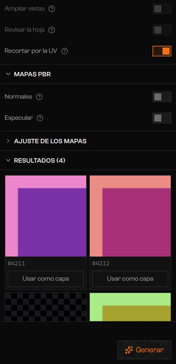 Resultados (4) con tres imágenes candidatas, cada una con su semilla y Usar como capa, y una tarjeta marcada Moderado · reembolsado