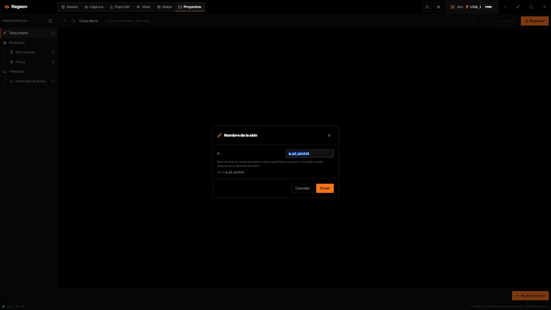 Diálogo Nombre de la skin con el campo Id y el nombre del arma