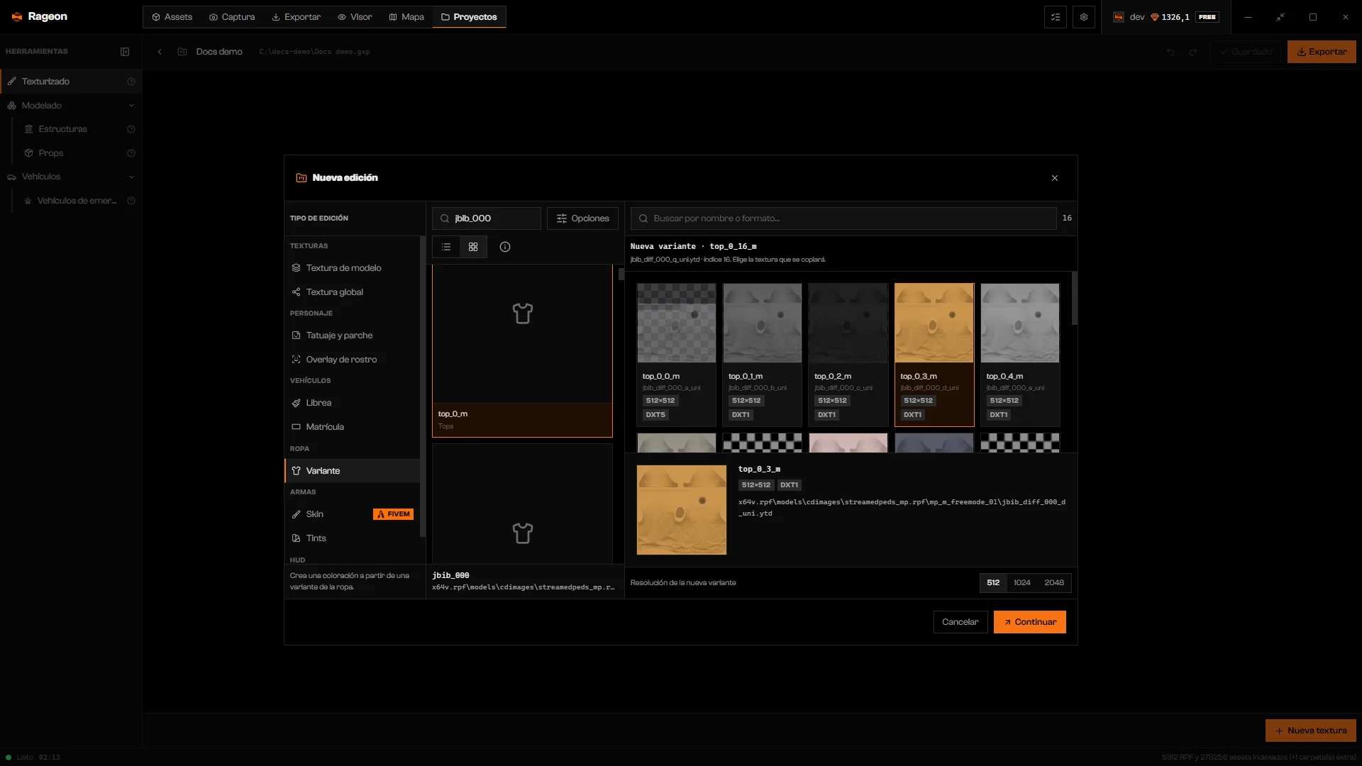 Nueva edición en Variante con una prenda seleccionada y sus coloraciones listadas