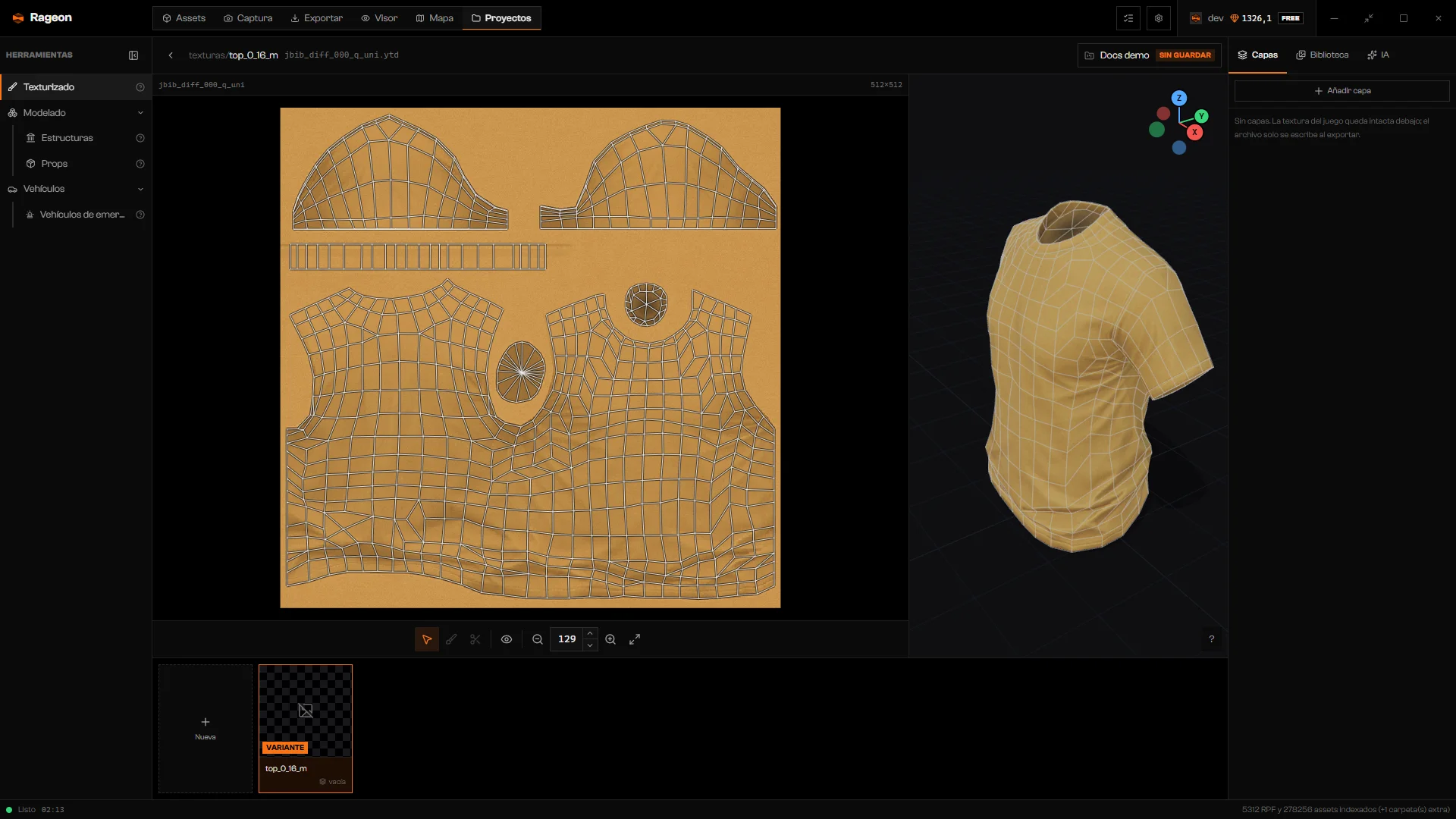 Editor con la nueva coloración de la prenda en el escenario y la prenda en la vista previa 3D