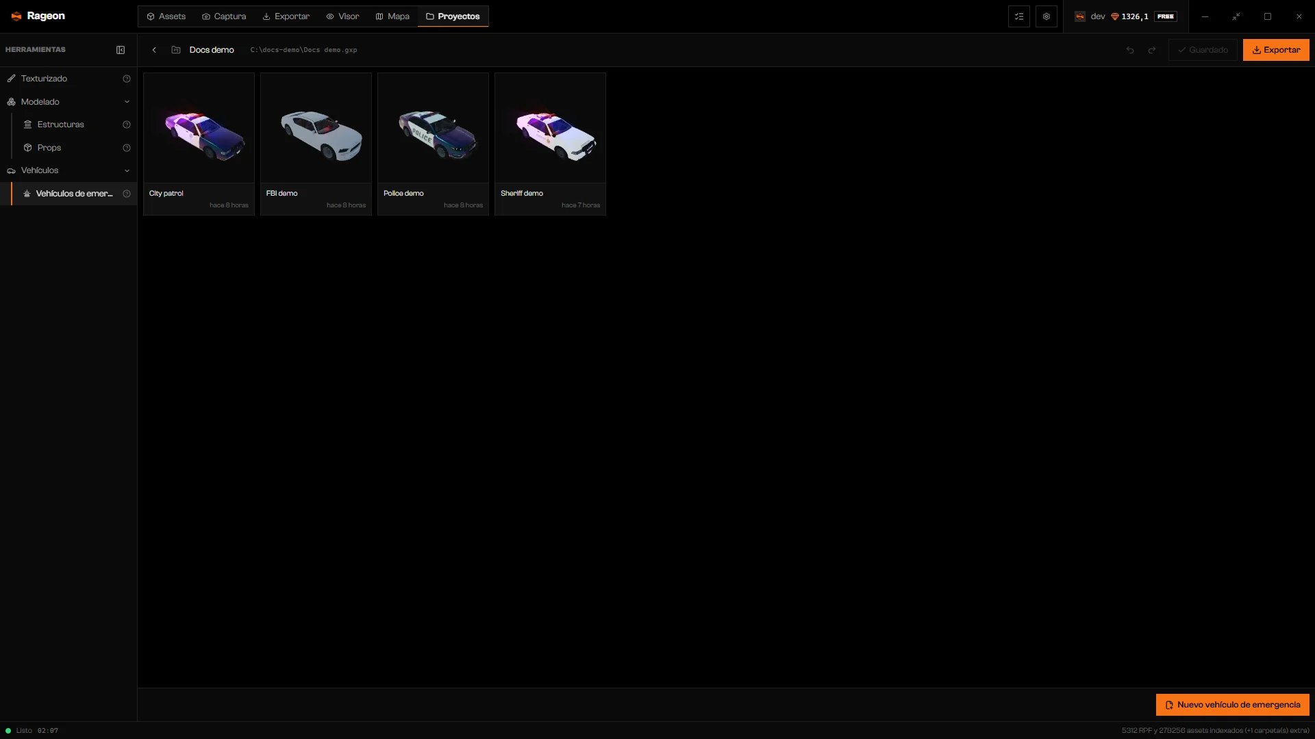 Galería de cuatro tarjetas de vehículos de emergencia con miniaturas