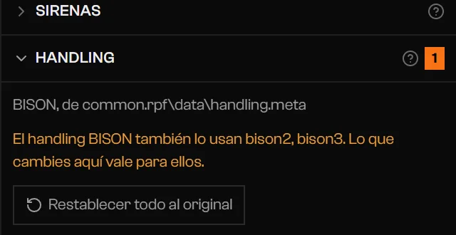 Sección Handling con un aviso de que el handling también lo usan otros vehículos