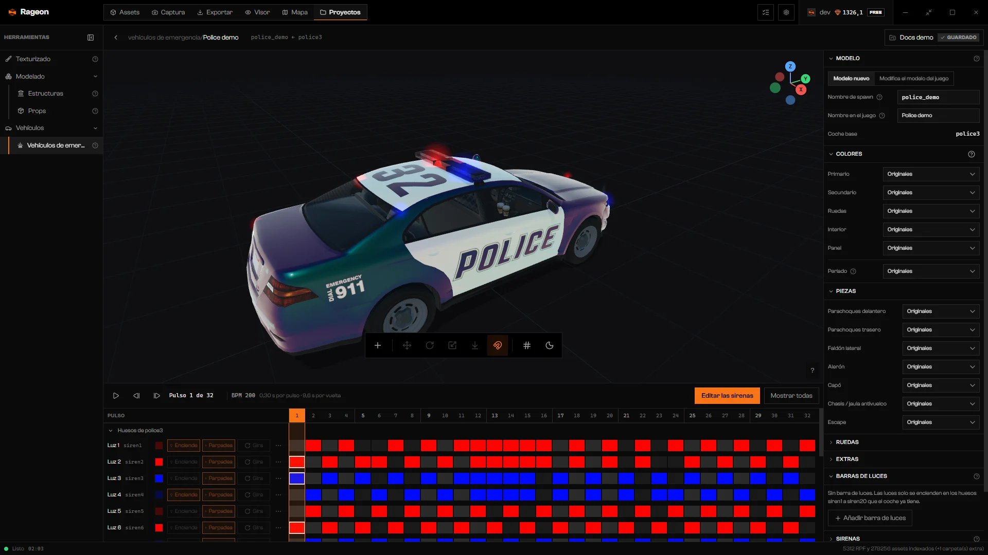 Escenario con un coche de policía, la línea de tiempo de sirenas y la ficha del vehículo