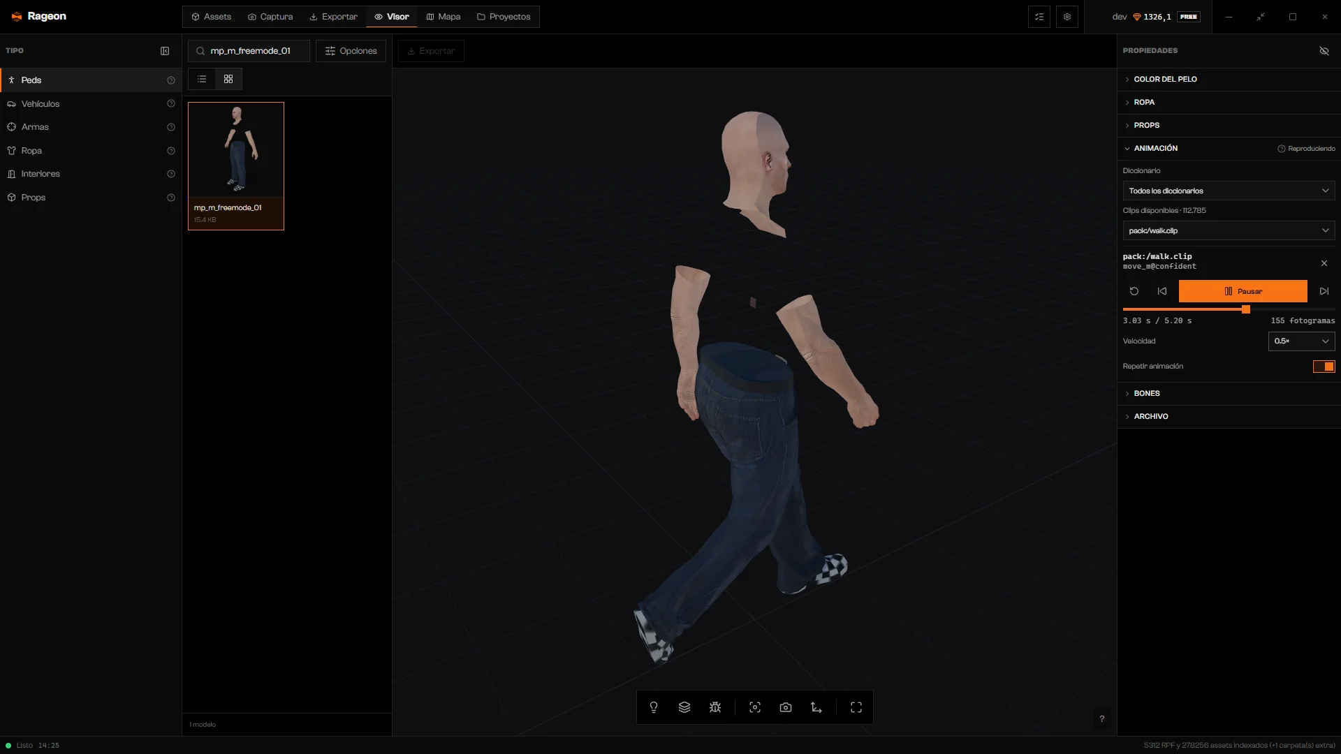 Controles de reproducción del clip walk con Velocidad en 0.5× y Repetir animación activado