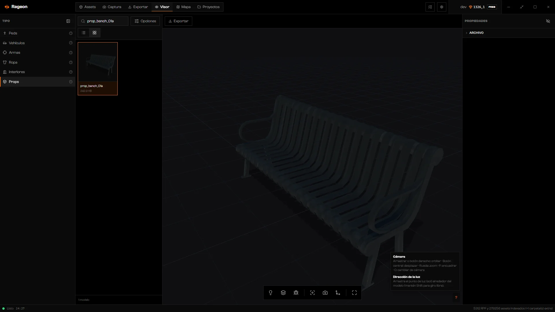 Tarjeta de ayuda con los controles de órbita y luz sobre prop_bench_01a