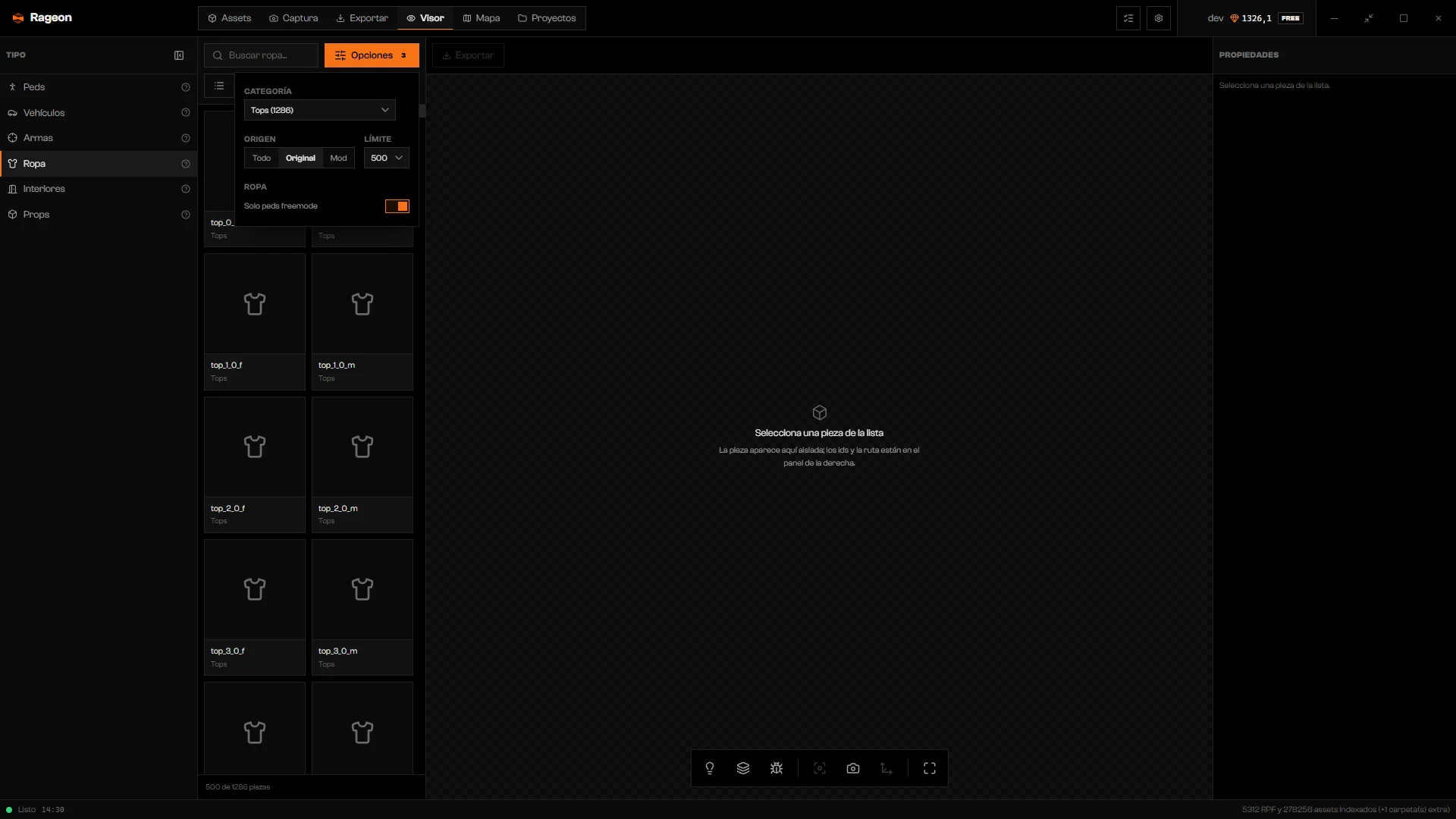 Opciones de Ropa con Categoría en Tops, Origen en Original y Solo peds freemode activado