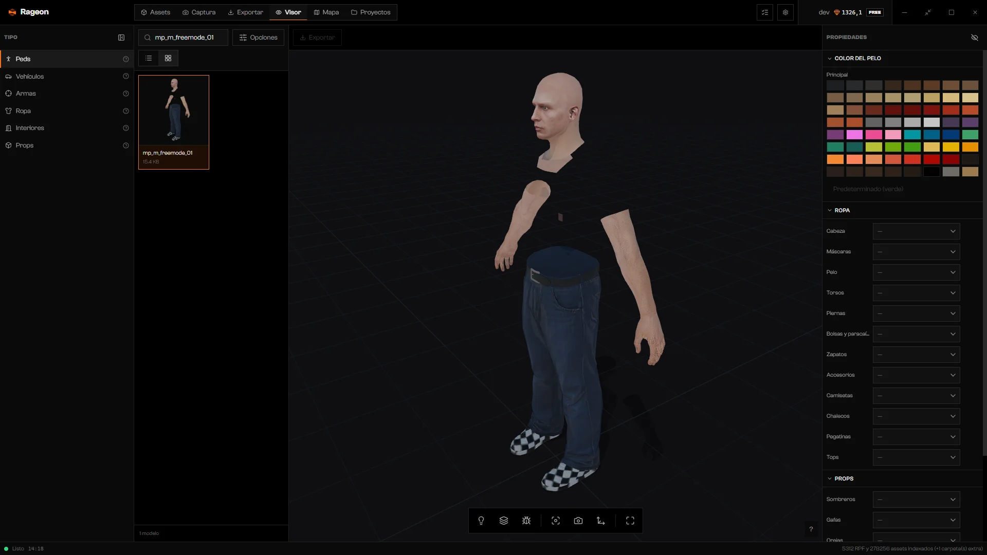 mp_m_freemode_01 como maniquí desnudo, con Color de cabello y los slots del guardarropa en Propiedades