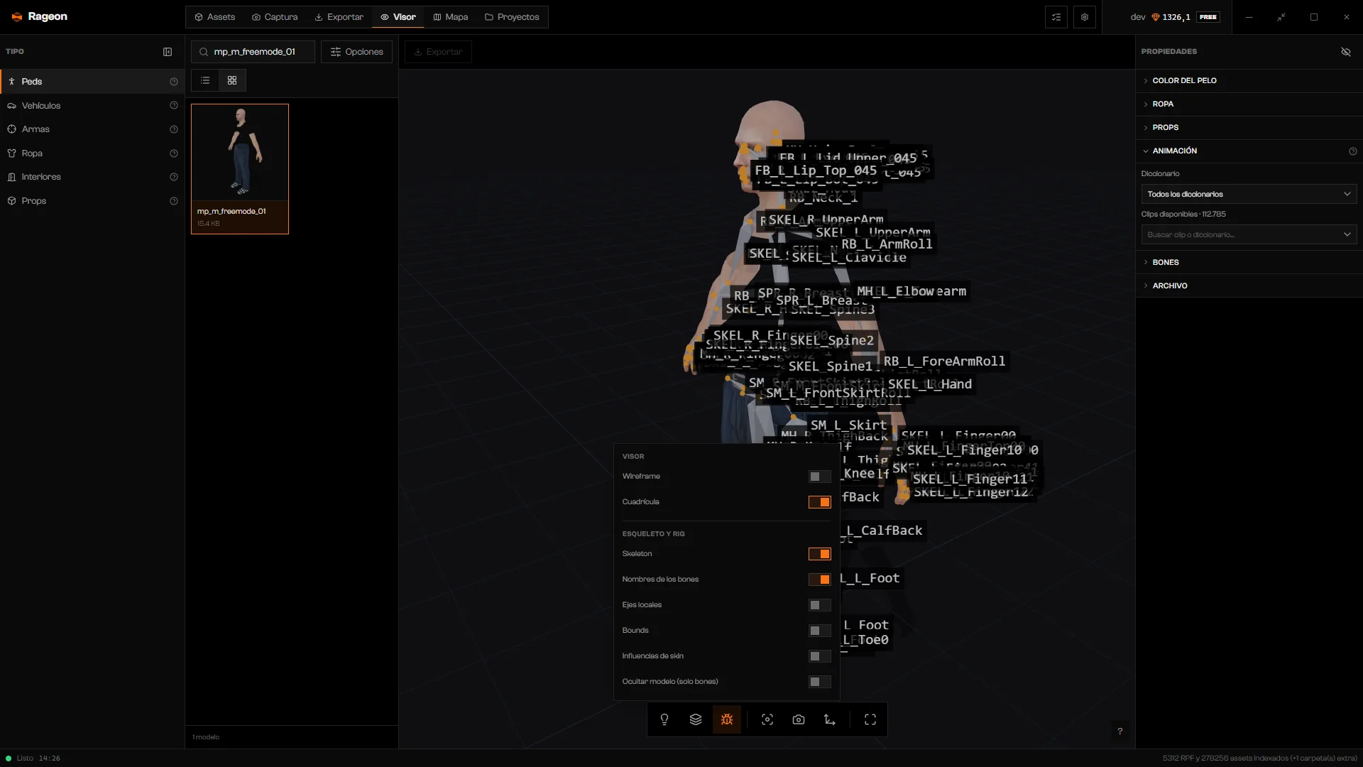 Popover de Debug abierto, con el esqueleto y los nombres de los bones dibujados sobre el ped