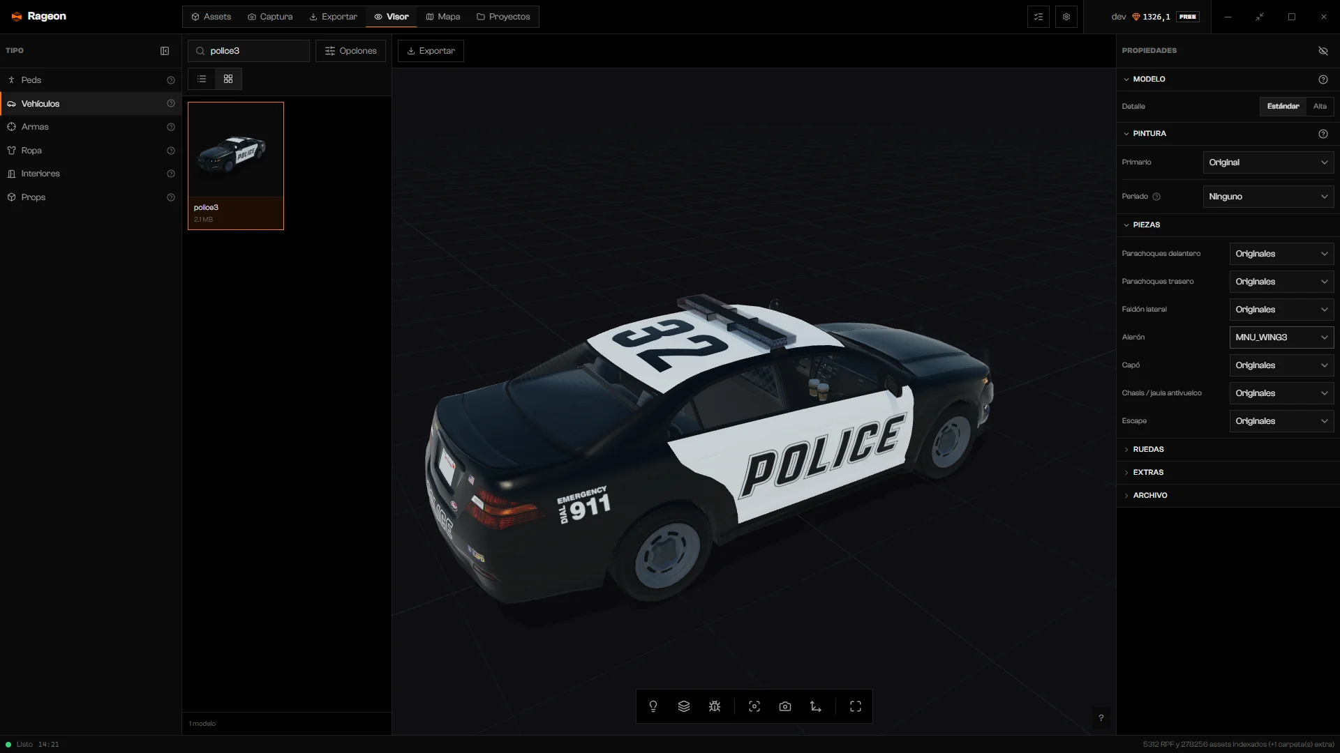 police3 con el slot Alerón de Piezas en MNU_WING3