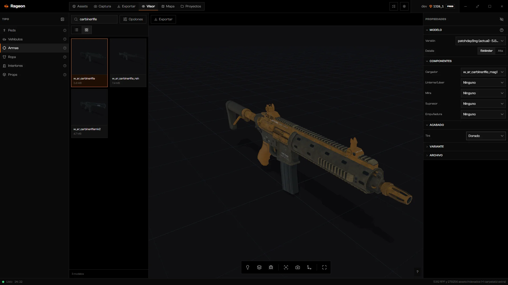 Fusil carabina con el tinte dorado