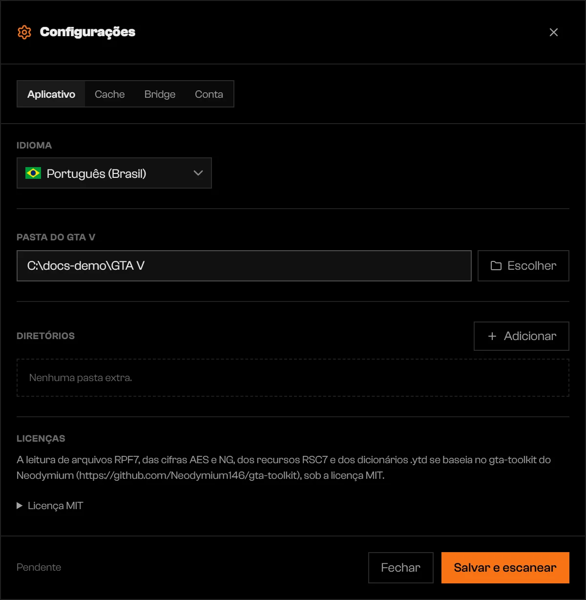 Aba App das Configurações com a Pasta do GTA V alterada, Pendente no rodapé e um botão Salvar e escanear