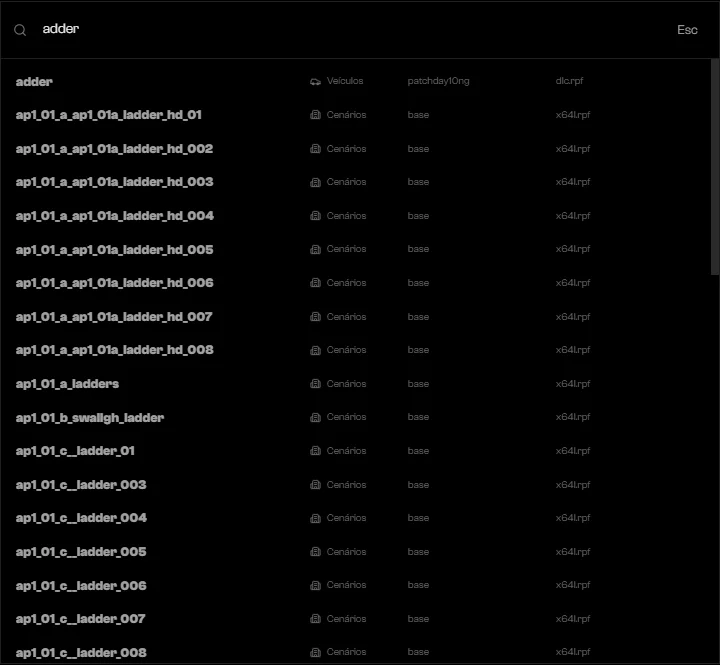 Resultados da busca listando assets que combinam com adder