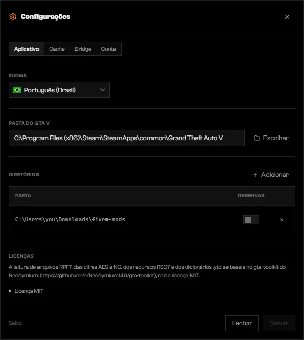 Diálogo de Configurações na aba App com Idioma, Pasta do GTA V e Diretórios