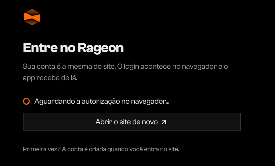 Tela de entrada com Aguardando a autorização no navegador e um botão Abrir o site de novo