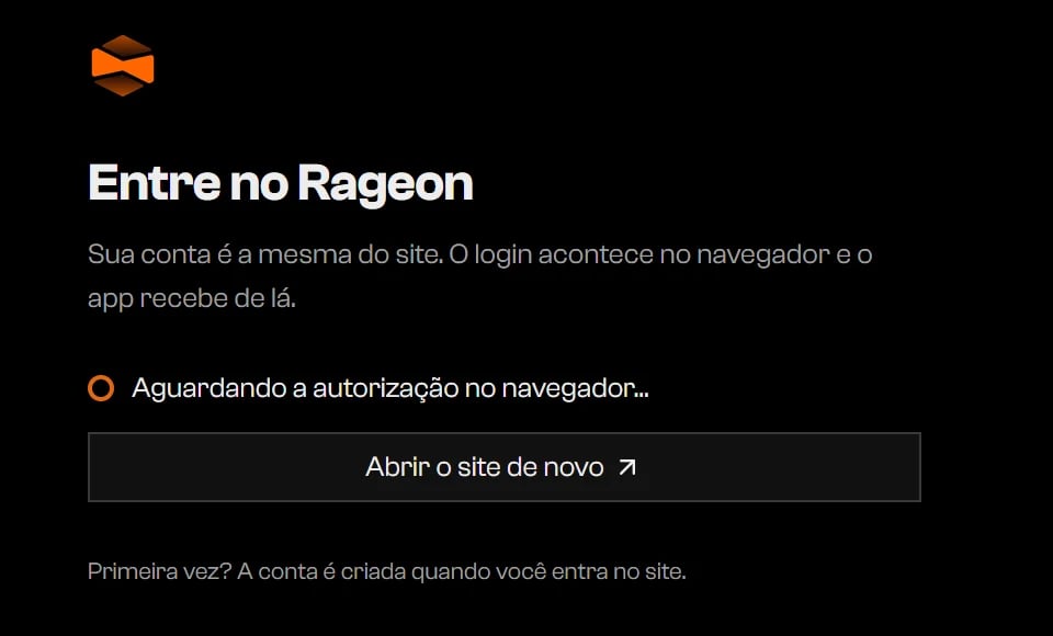 Tela de entrada com Aguardando a autorização no navegador e um botão Abrir o site de novo
