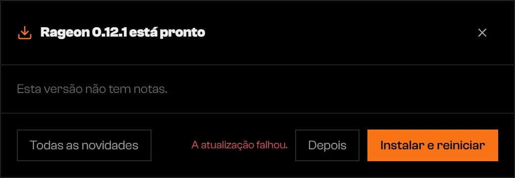 Diálogo de atualização dizendo que esta versão não tem notas, com A atualização falhou no rodapé