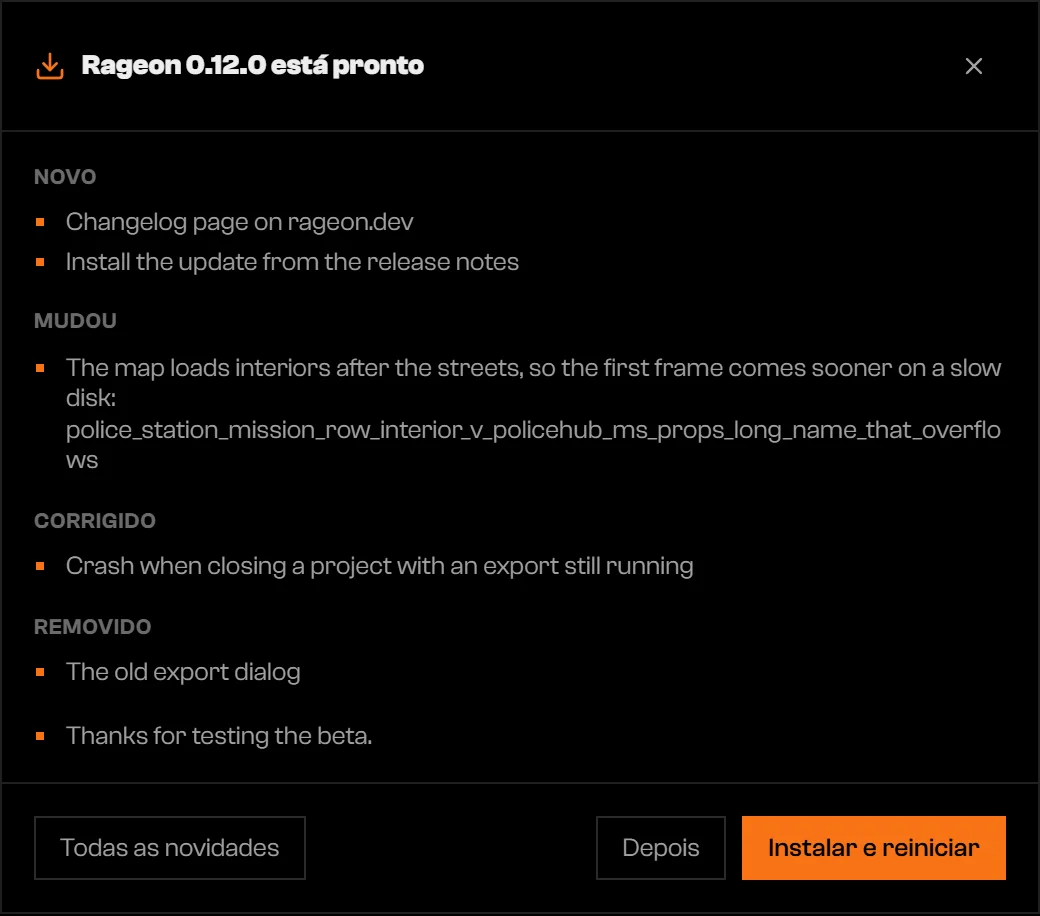 Diálogo de atualização listando itens Novo, Mudou, Corrigido e Removido com os botões Todas as novidades, Depois e Instalar e reiniciar