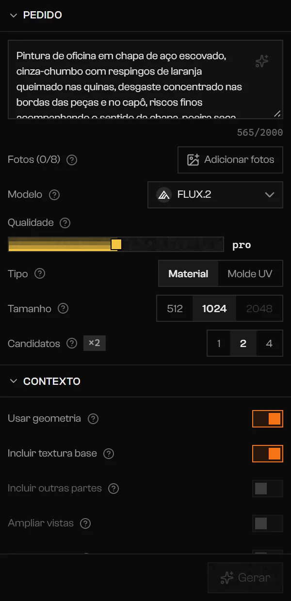 Aba IA com um pedido escrito, dois candidatos selecionados e o botão Gerar acinzentado