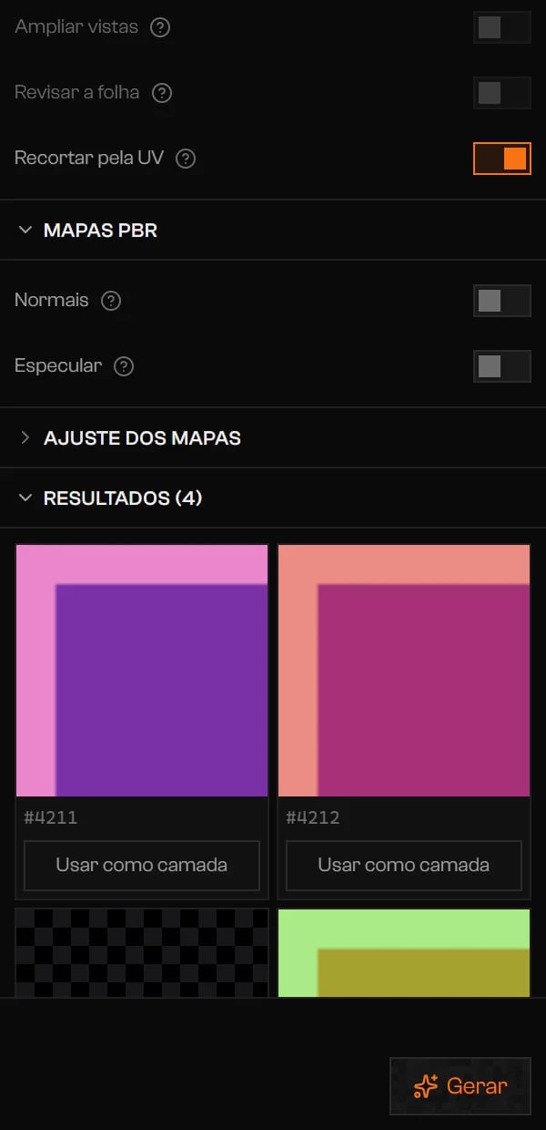 Resultados (4) com três imagens candidatas, cada uma com semente e Usar como camada, e um cartão marcado Moderado · estornado