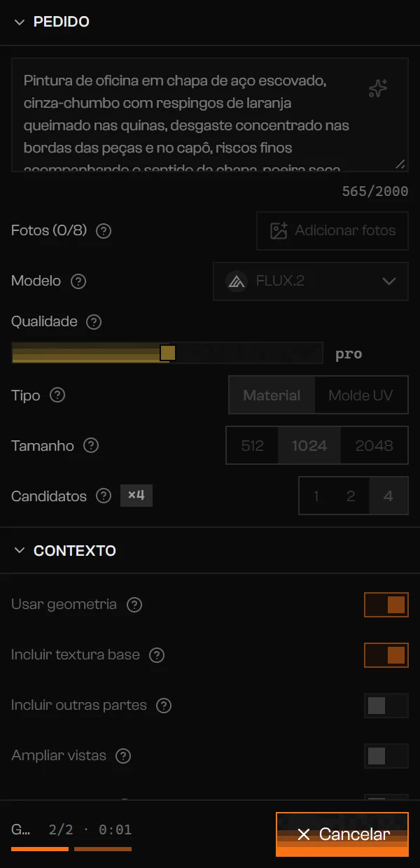 Aba IA durante uma geração com quatro candidatos pedidos, um cronômetro de etapa no rodapé e um botão Cancelar