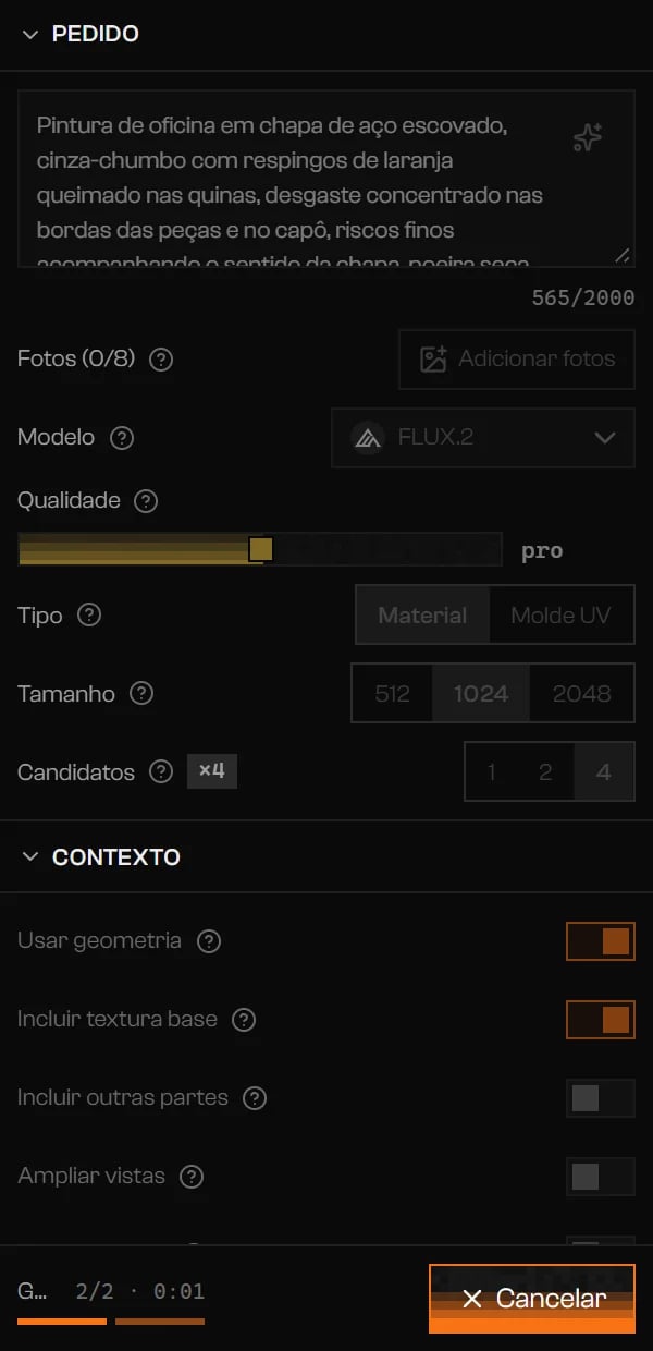 Aba IA durante uma geração com quatro candidatos pedidos, um cronômetro de etapa no rodapé e um botão Cancelar