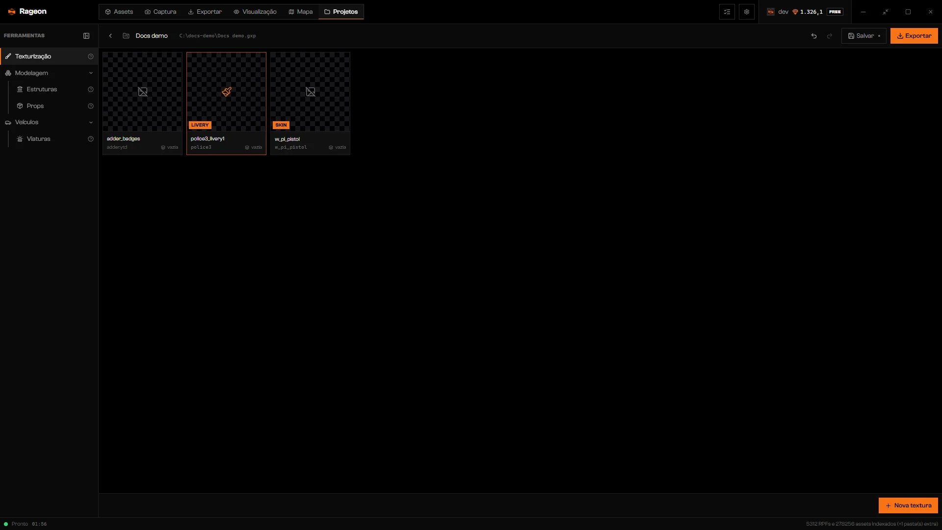 Galeria com três cartões: adder_badges, police3_livery1 com a etiqueta LIVERY e w_pi_pistol com a etiqueta SKIN