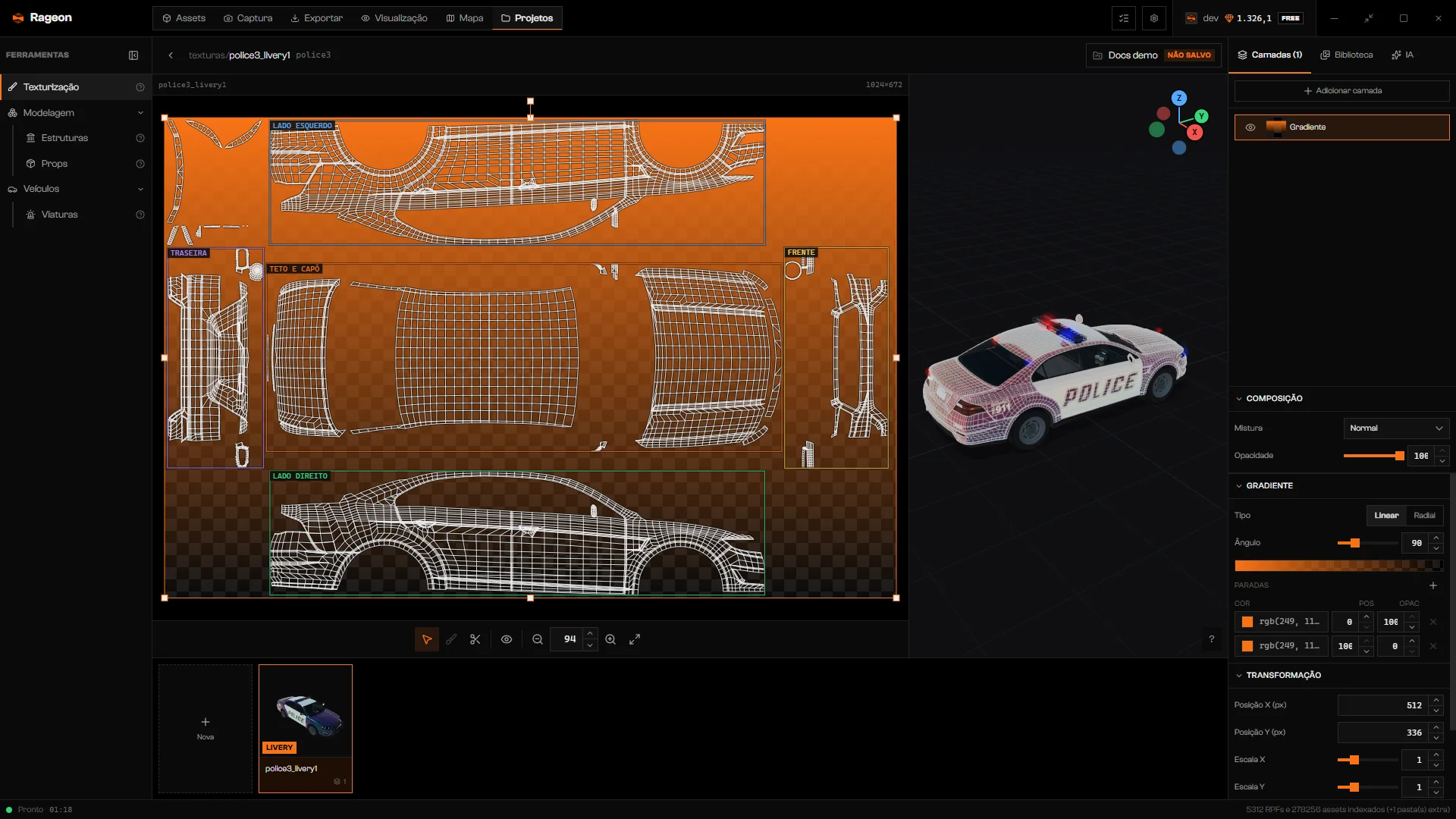Palco de livery com as caixas do molde, uma camada de gradiente e a viatura em 3D
