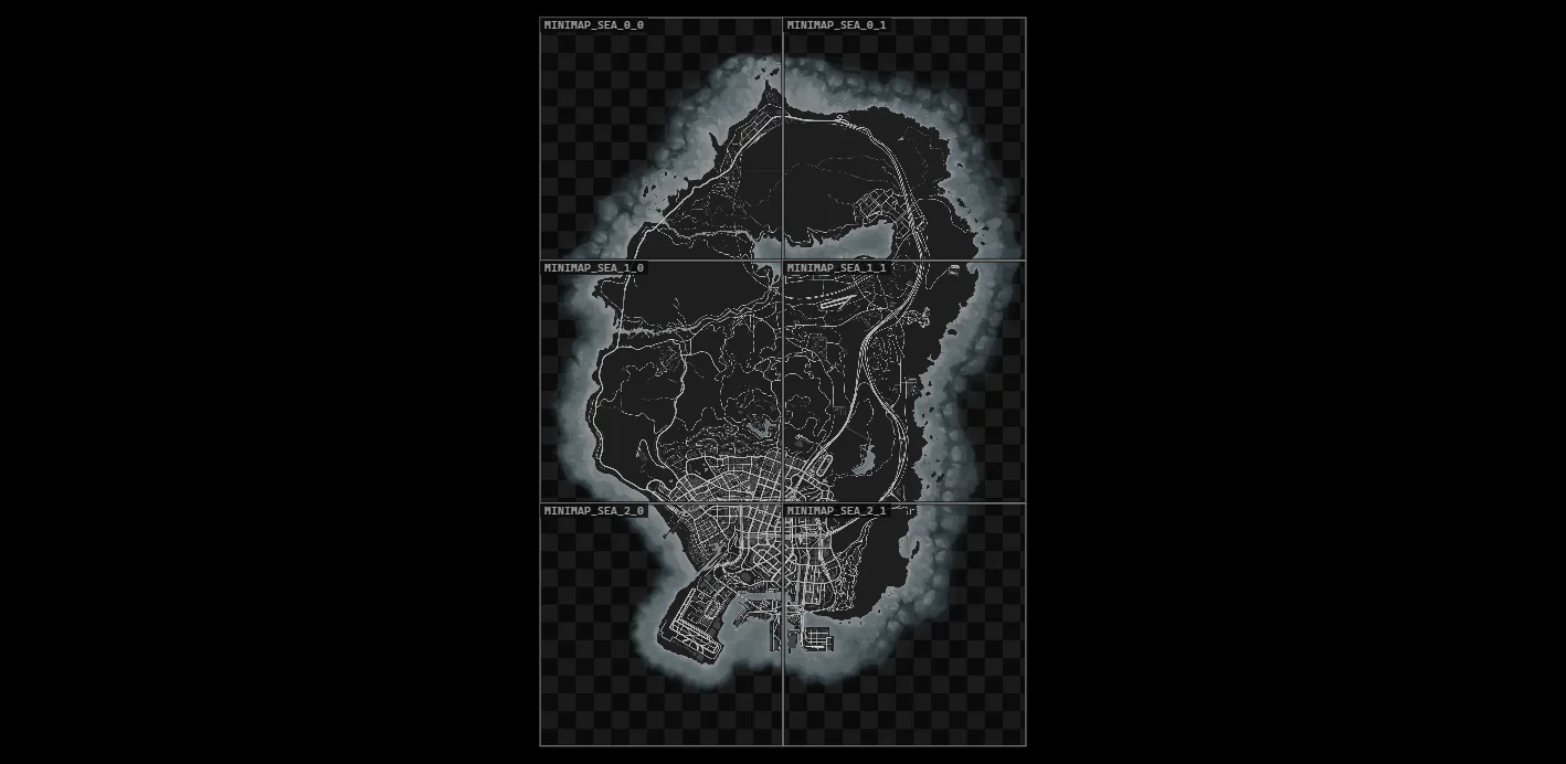 Palco do minimapa mostrando as seis partes do mapa da folha com suas emendas