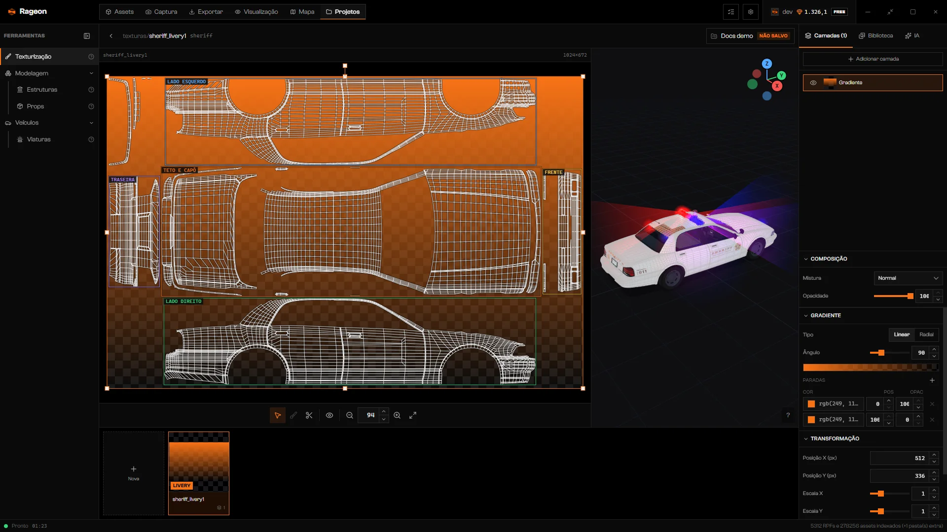 Editor mostrando uma viatura do projeto montada na prévia 3D