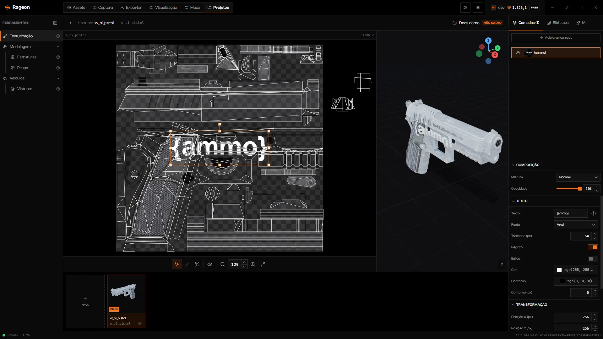 Skin aberta na pistola com uma camada de texto e a arma na prévia 3D