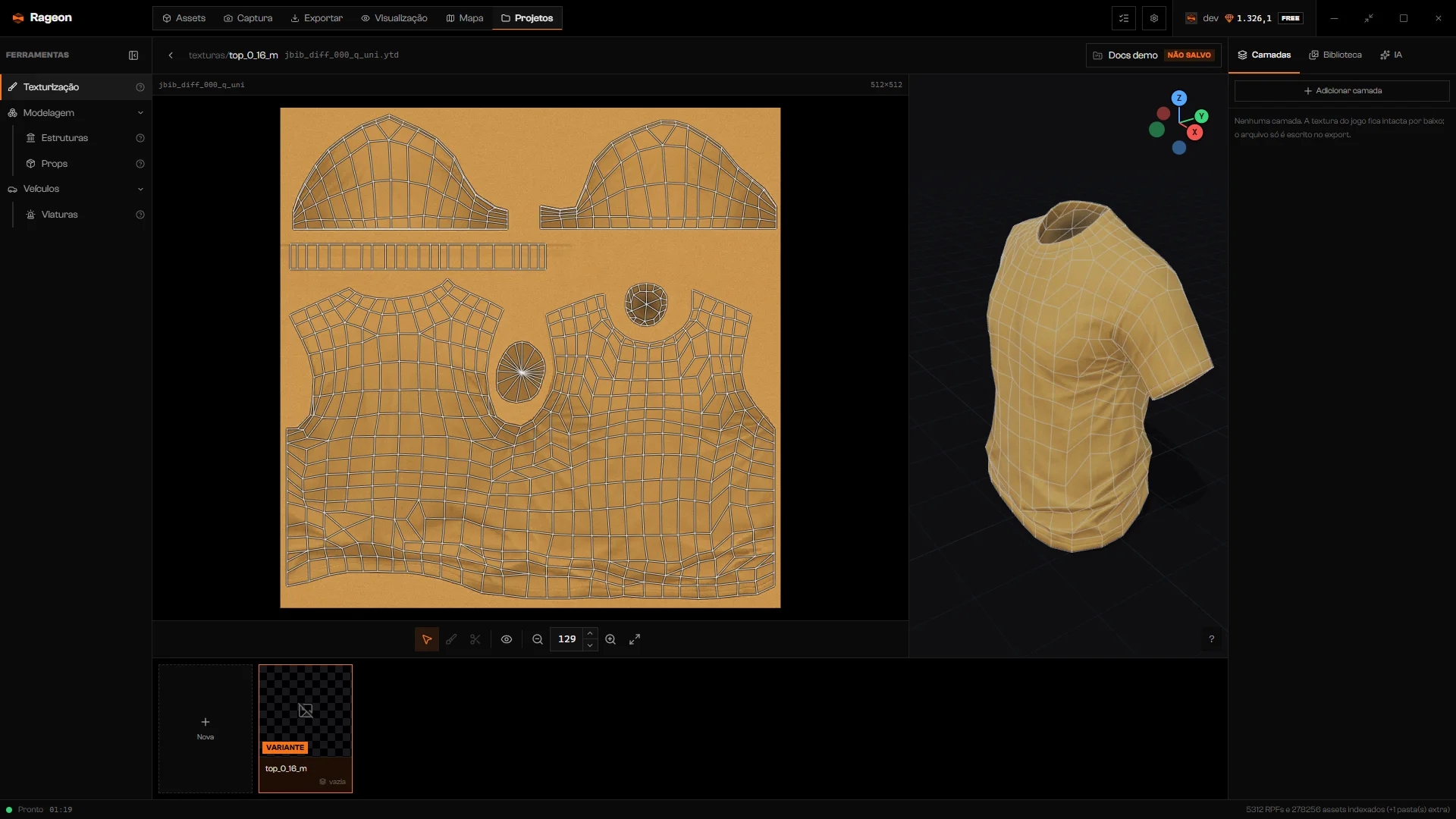 Editor com a nova coloração de roupa no palco e a peça na prévia 3D