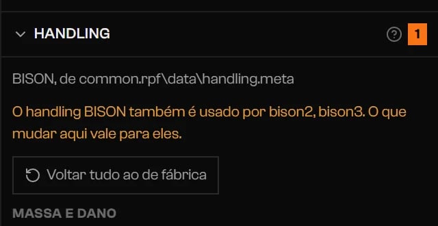 Seção Handling com um aviso de que o handling também é usado por outros veículos