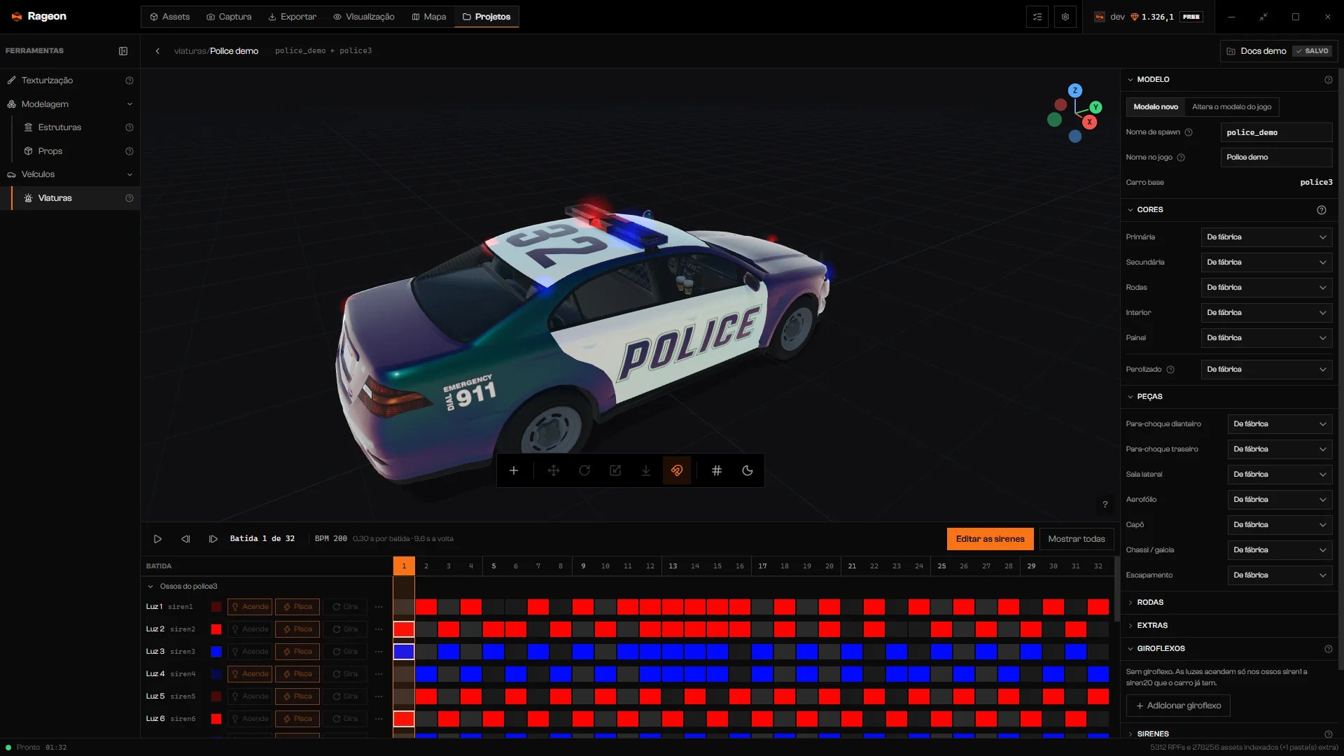 Palco com uma viatura de polícia, a linha do tempo das sirenes e a ficha do veículo