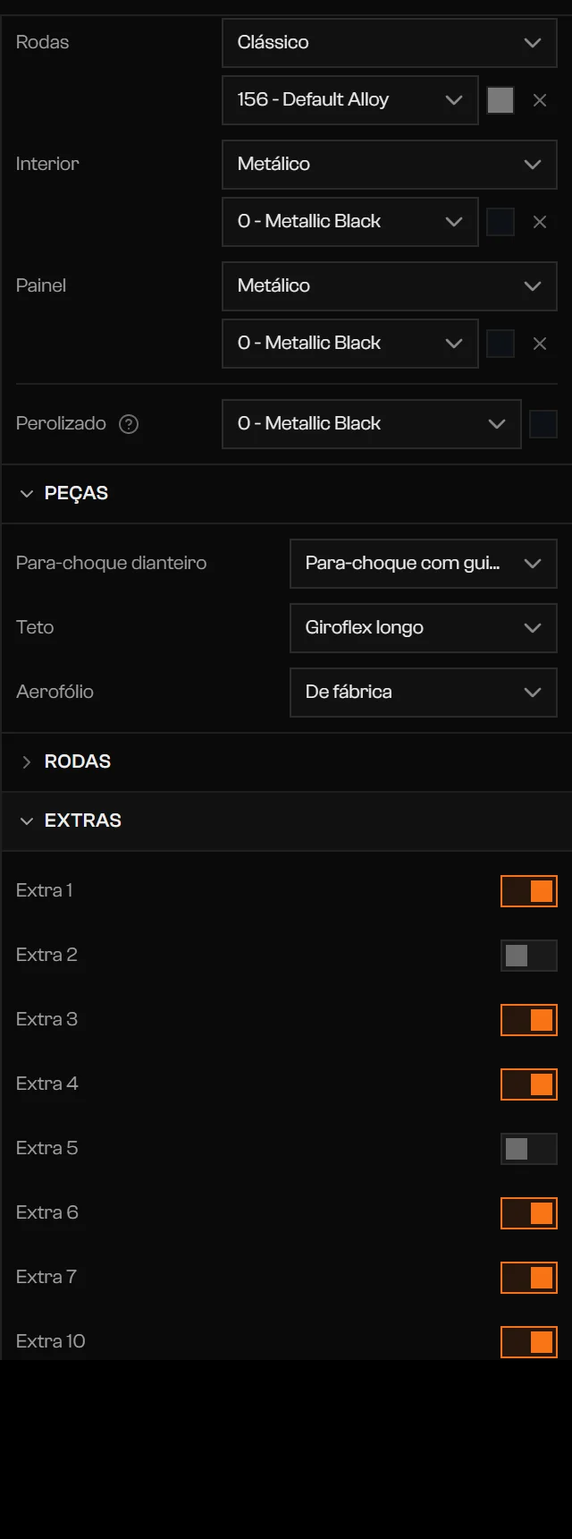 Ficha do veículo com as seções Peças, Rodas e Extras expandidas