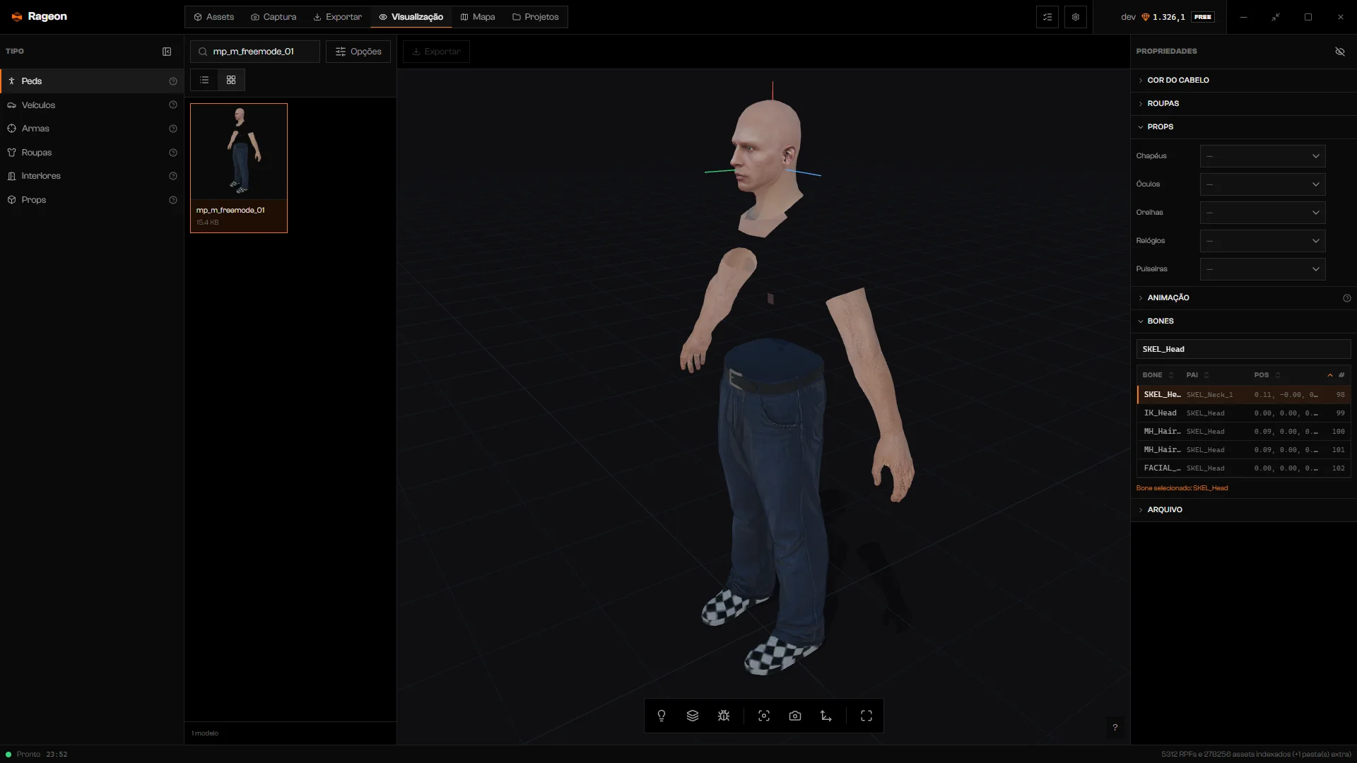Lista de bones filtrada por SKEL_Head, com a linha dele selecionada