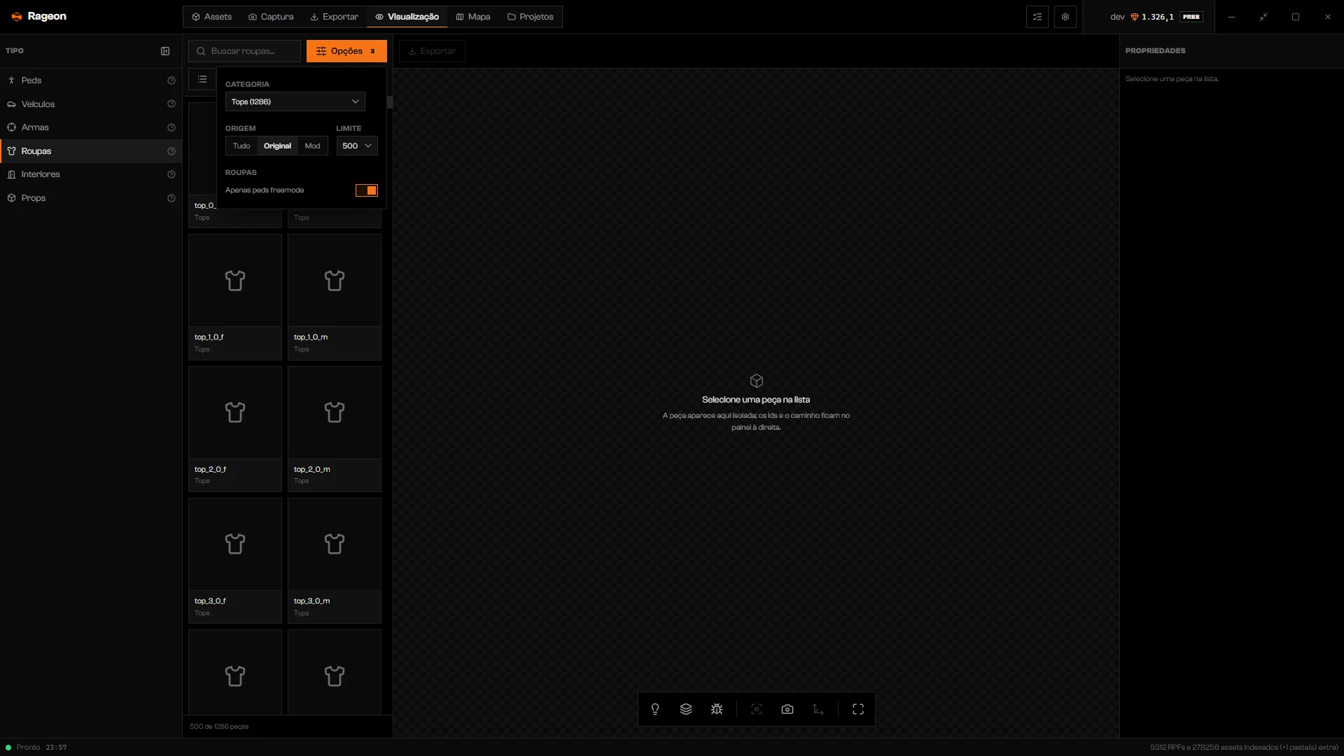 Opções de Roupas com Categoria em Tops, Origem em Original e Apenas peds freemode ligado