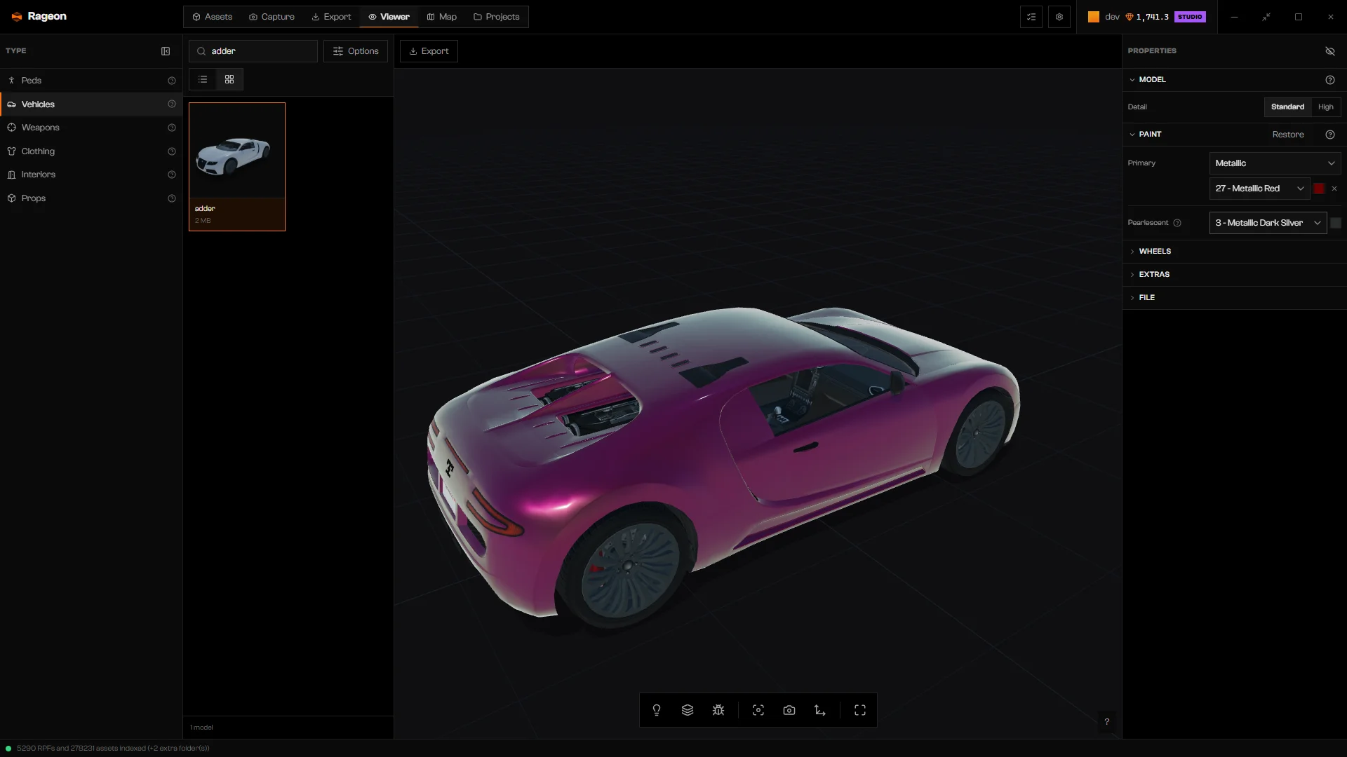 adder painted Metallic Red, with a pearlescent choice in Properties