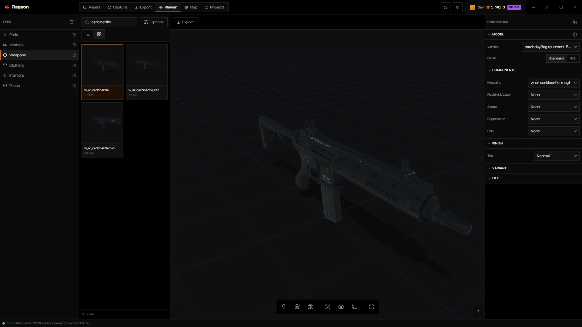 w_ar_carbinerifle in its factory look, with the Components and Finish sections in Properties
