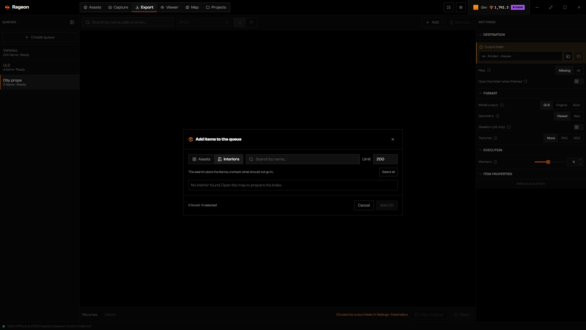 Add items to the queue dialog on the Interiors tab with a list of interiors