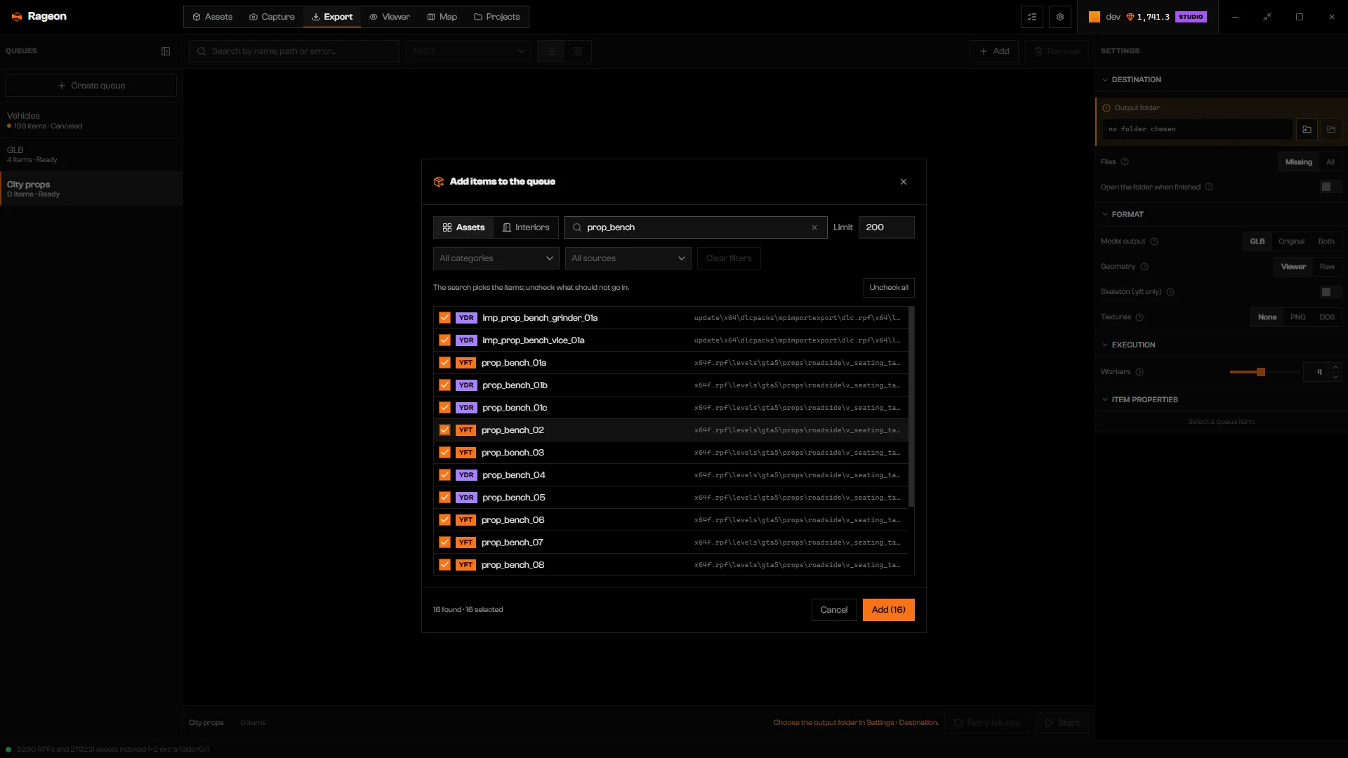 Add items to the queue dialog on the Assets tab with a list of checked models