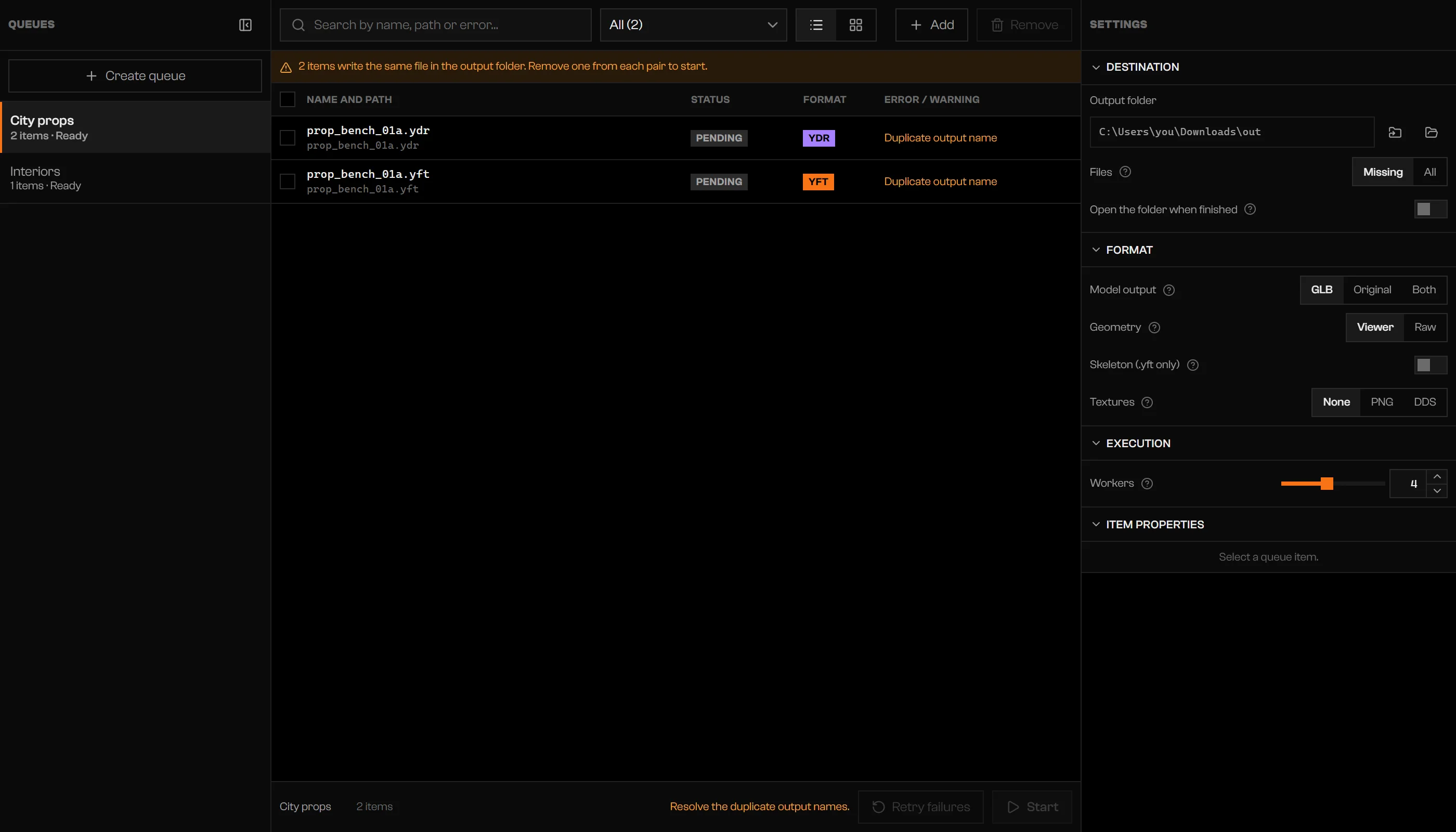 Two queue items flagged Duplicate output name with a banner above the list