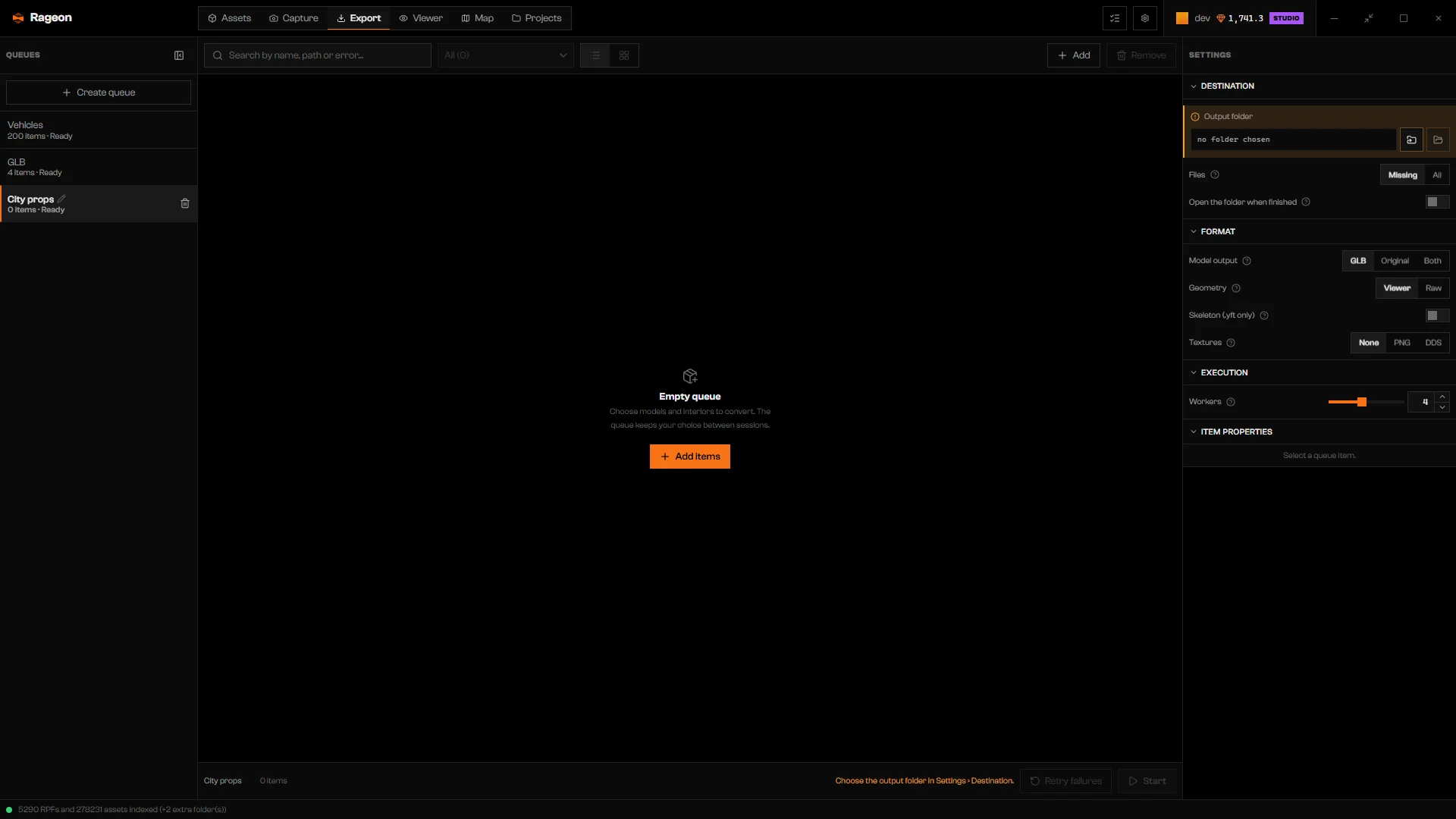 New queue with no items, the Add items button and the Settings panel