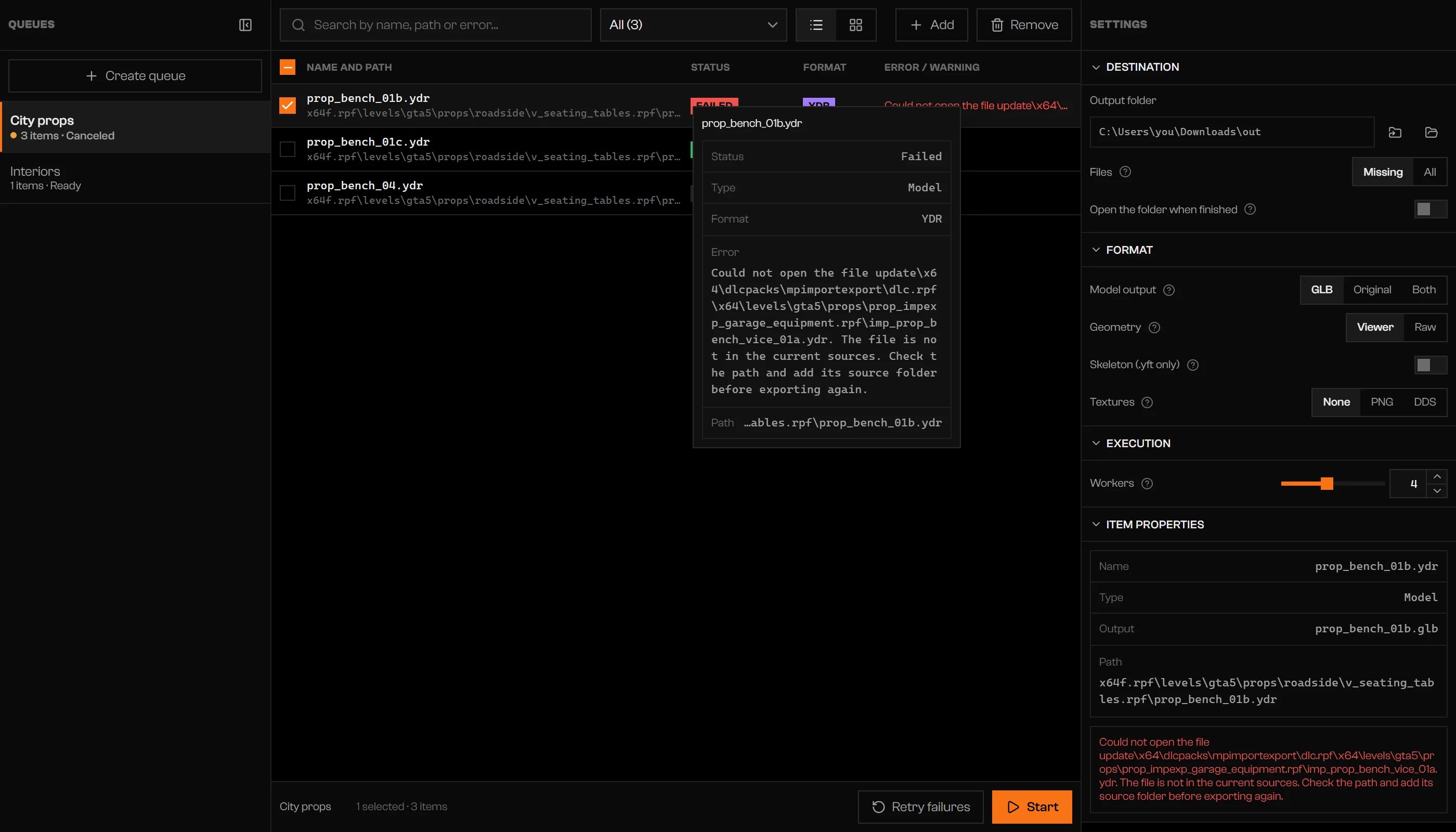Failed item selected with its error message and the Retry failures button