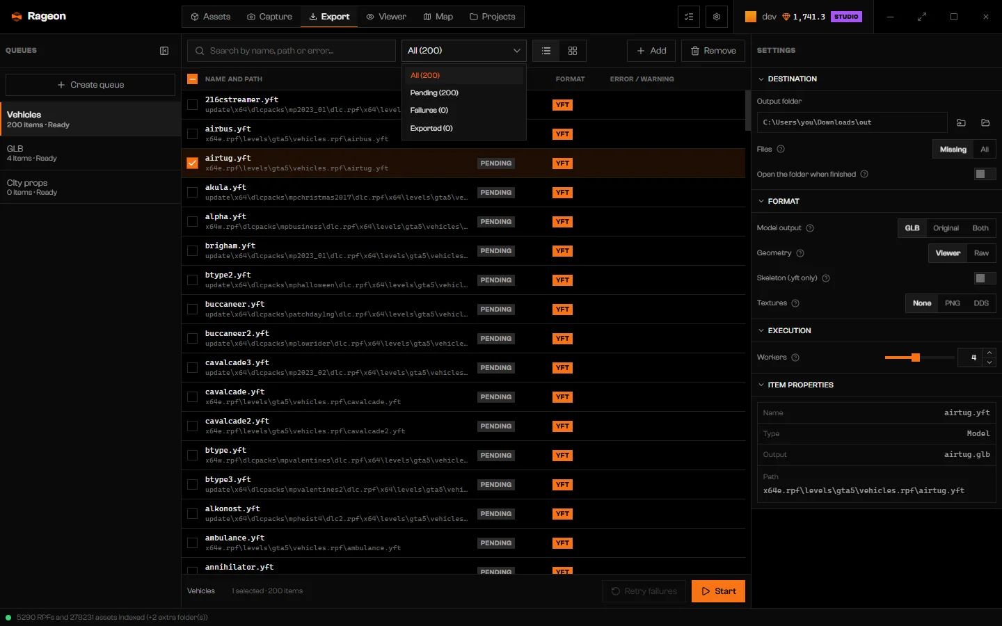 Status filter menu with All, Pending, Failures, and Exported