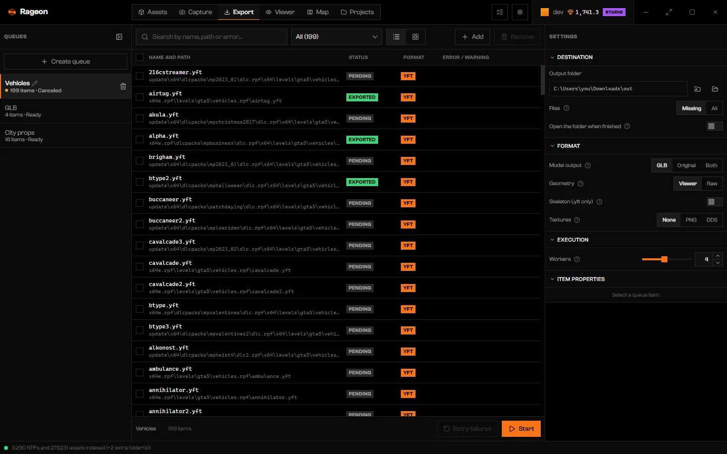 Export tab with a queue of pending items, the Queues column and the Settings panel