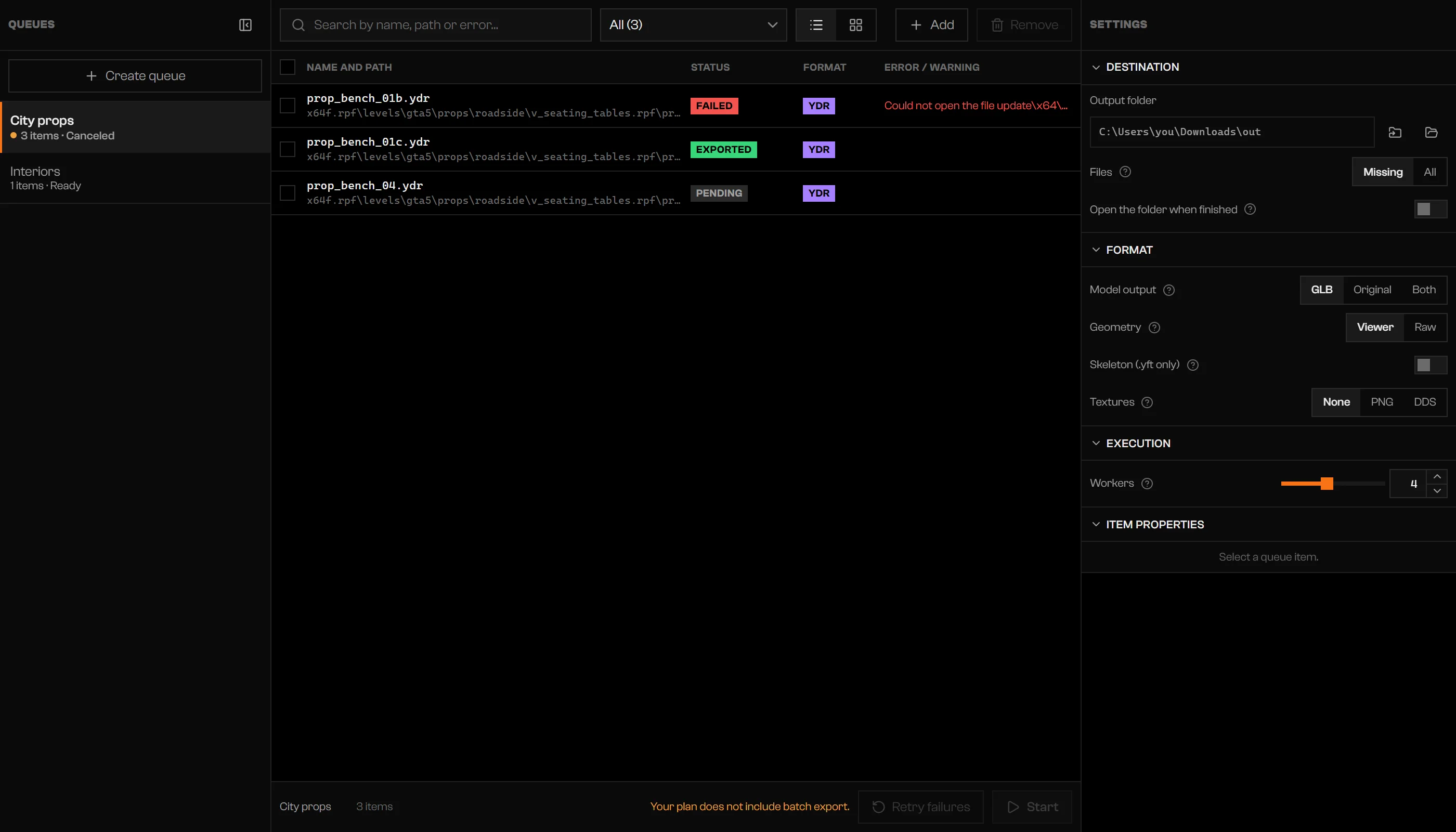Start and Retry failures disabled with the message Your plan does not include batch export