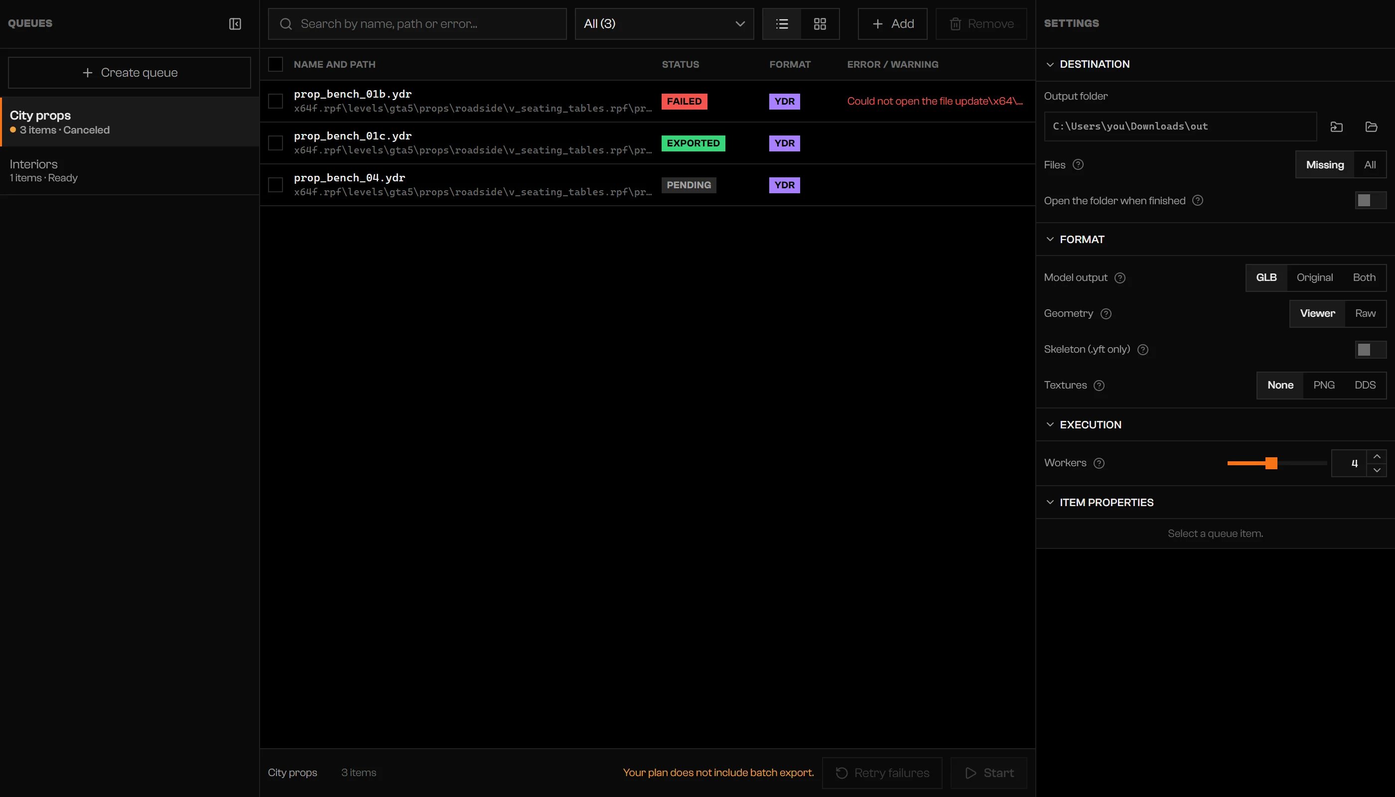 Start and Retry failures disabled with the message Your plan does not include batch export