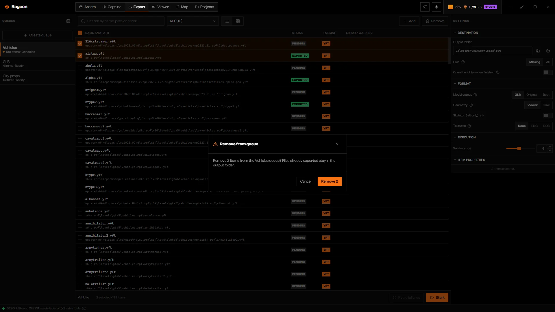 Remove from queue dialog with Cancel and Remove buttons