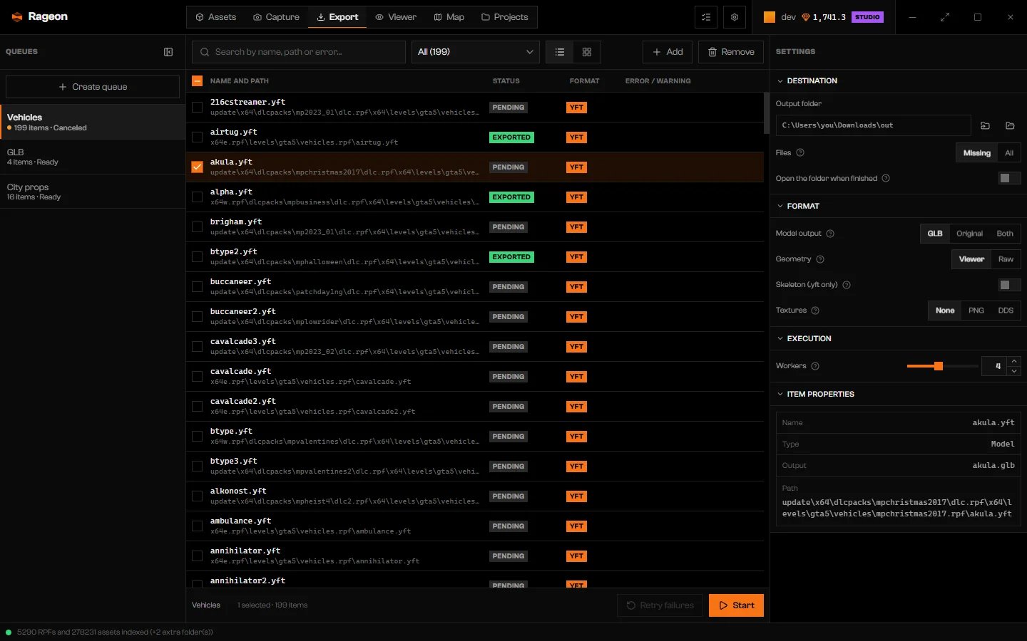 Settings panel with Destination, Format, Execution, and Item properties